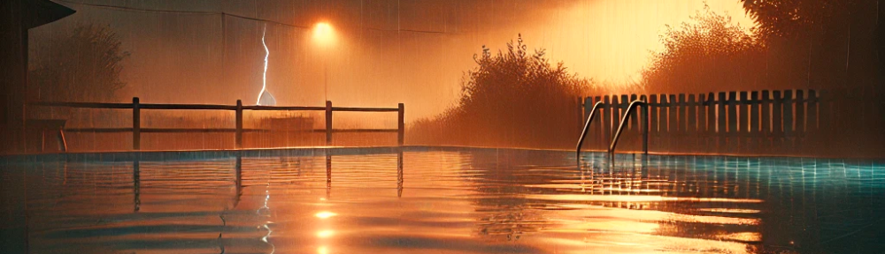 illustration d'une piscine avec orage en fond